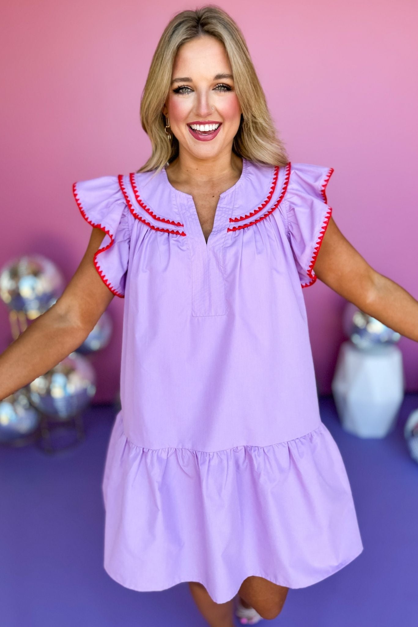 Lilac V Neck Inset Flutter Sleeve Contrast Embroidered Detail Dress, embroidered dress, easter dress, must have dress, must have style, weekend style, spring fashion, elevated style, elevated style, mom style, shop style your senses by mallory fitzsimmons, ssys by mallory fitzsimmons