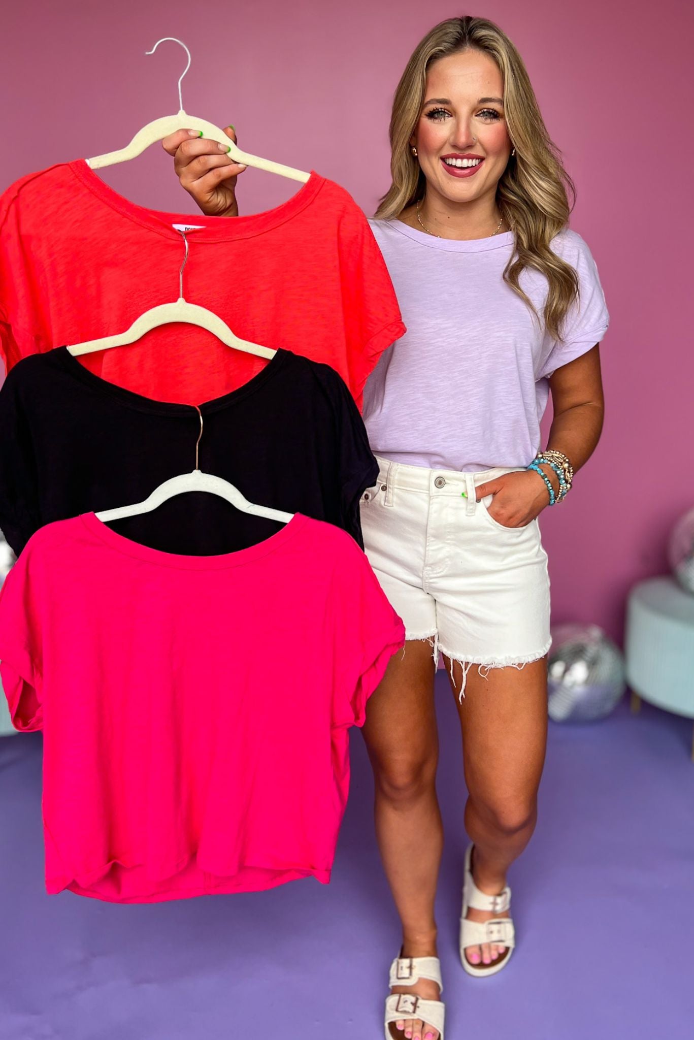 Pink Round Neck Twist Band Sleeve Raw Edge T Shirt, must have top, basic top, elevated basics, must have basic, elevated top, mom style, warm fashion, shop style your senses by mallory fitzsimmons, ssys by Mallory Fitzsimmons