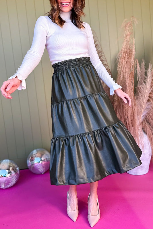Olive Green Faux Leather Tiered Elastic Waist Midi Skirt