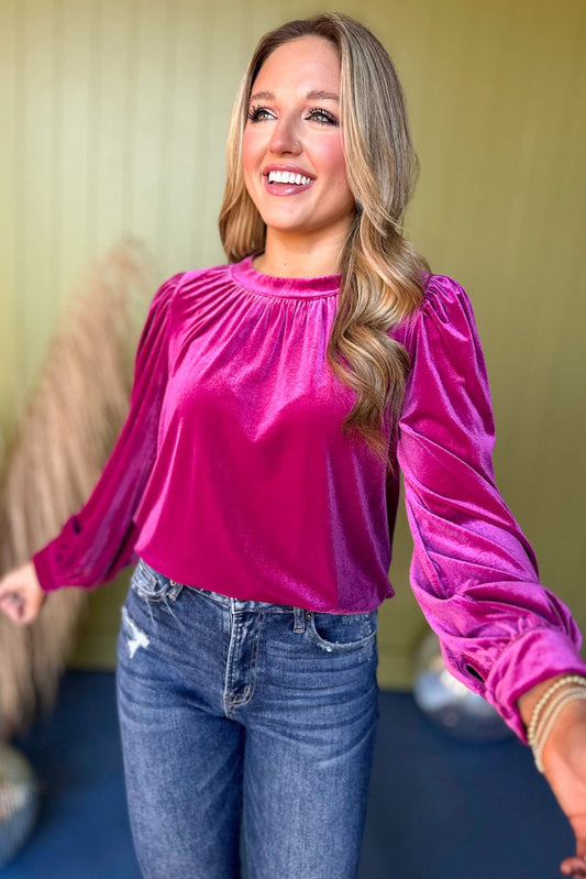  Magenta Velvet Long Peasant Sleeve Top *FINAL SALE* *Final Sale*, must have top, must have style, must have velvet, fall collection, fall fashion, elevated style, elevated top, mom style, fall style, shop style your senses by mallory fitzsimmons