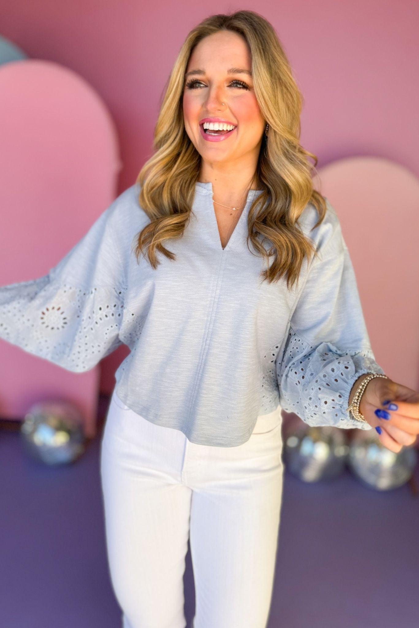 Light Blue Split Neck Eyelet Sleeve Detail Top, eyelet top, eyelet detail, must have top, must have style, brunch style, spring fashion, elevated style, elevated top, mom style, shop style your senses by mallory fitzsimmons, ssys by mallory fitzsimmons