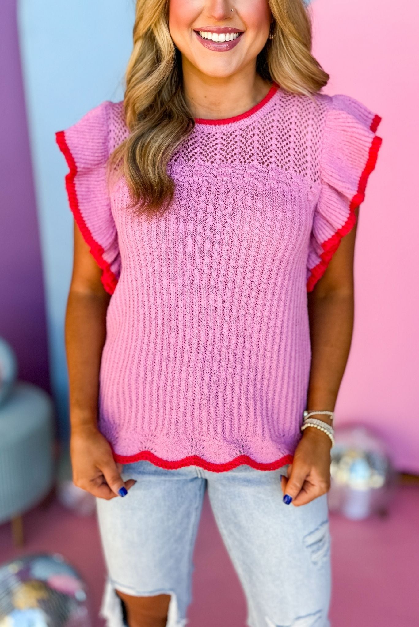 Pink Ruffled Shoulder Color Wave Trim Detail Top, must have top, must have style, brunch style, summer style, spring fashion, elevated style, elevated top, mom style, shop style your senses by mallory fitzsimmons, ssys by mallory fitzsimmons