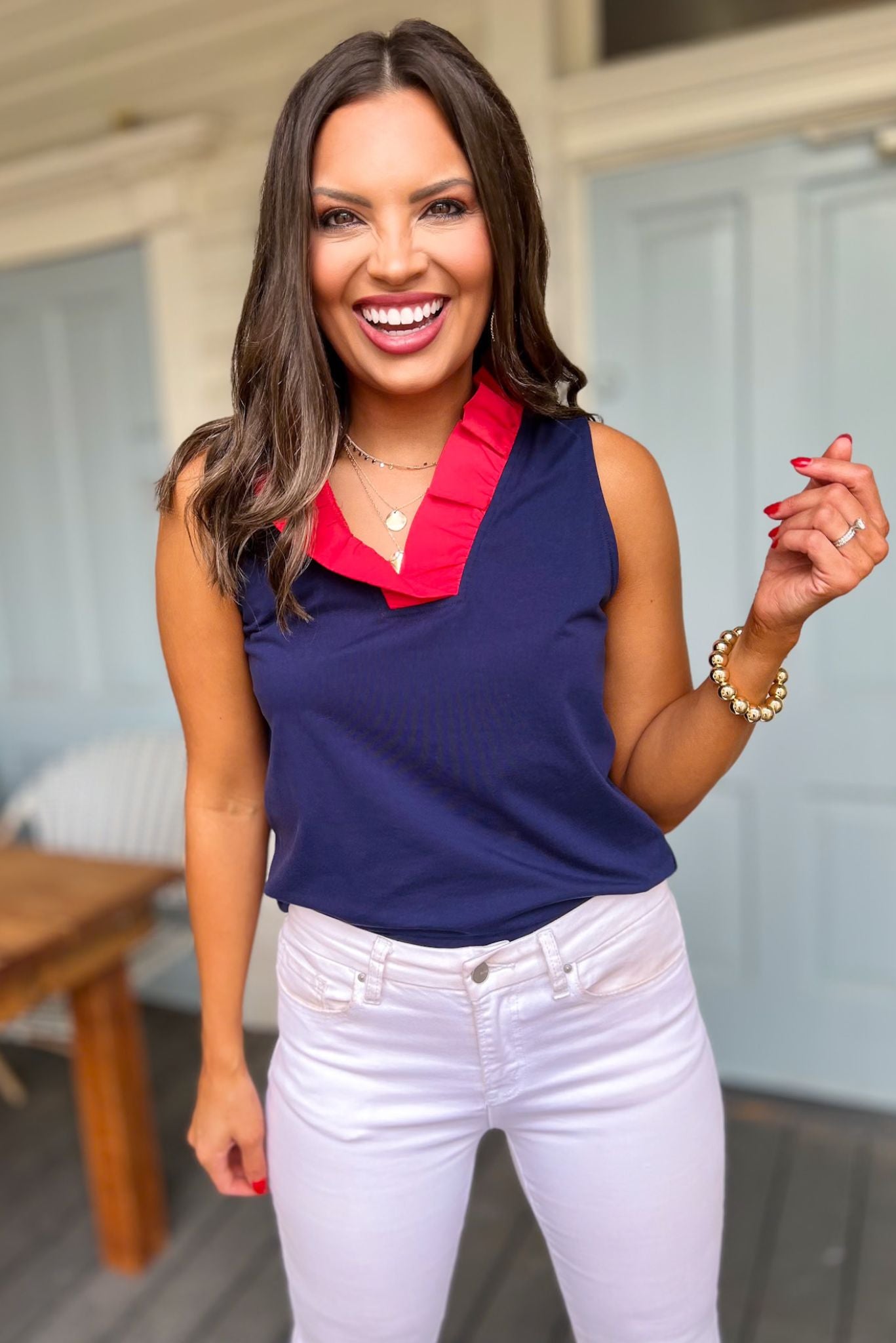  SSYS The Darcy Ruffle Colorblock Collar Sleeveless Top In Navy Red SSYS The Darcy Ruffle Colorblock Collar Sleeveless Top In Navy Red, ssys the label, ssys top, must have top, elevated top, summer style, summer top, mom style, Fourth of July collection, ssys by mallory fitzsimmons