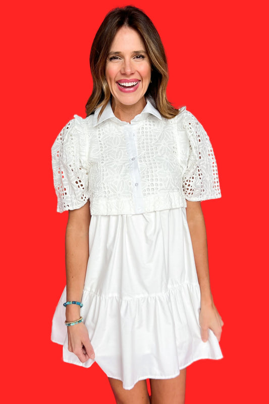 White Lace Overlay Collared Half Button Front Tiered Dress, dress, short sleeve dress, bubble sleeve dress, lace dress, white lace dress, tiered dress, half button up dress, collared dress, must have dress, elevated dress, elevated style, summer dress, summer style, Shop Style Your Senses by Mallory Fitzsimmons, SSYS by Mallory Fitzsimmons
