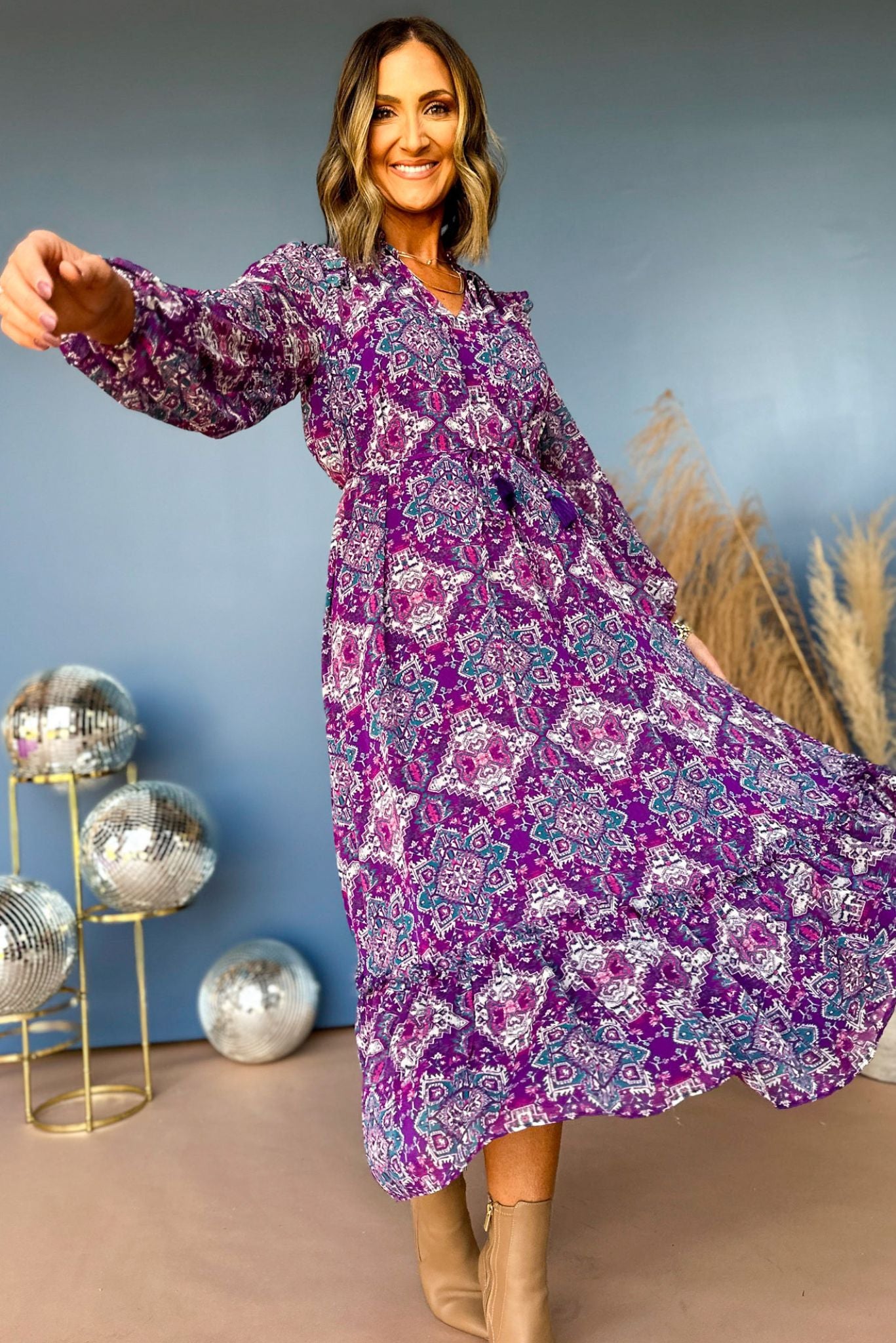 Purple Abstract Printed Tie Waist Flutter Long Sleeve Midi Dress, must have dress, must have print, elevated style, mom style, fall style, fall dress, fall must have, shop style your senses by mallory fitzsimmons