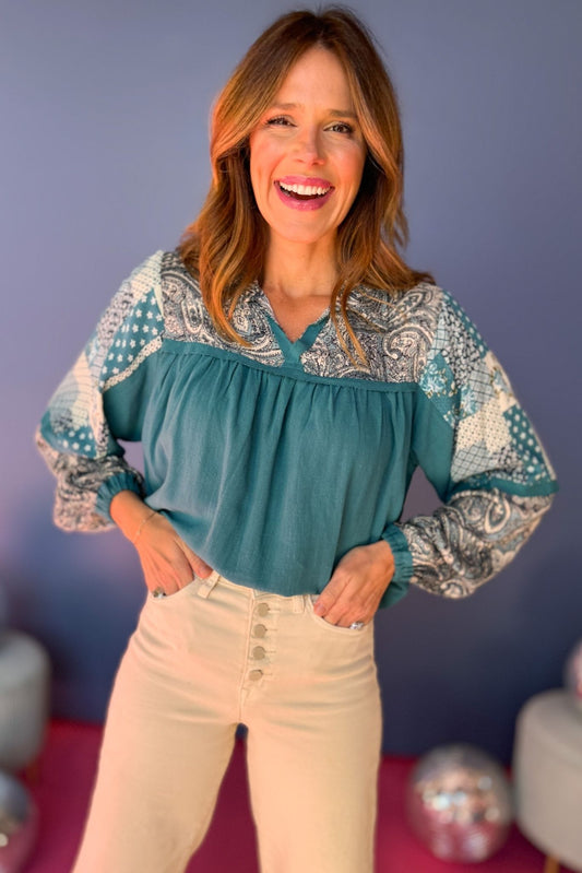 Teal Paisley Printed Mixed Media Long Sleeve Top, must have top, elevated top, printed top, office wear, mom style, must have print, elevated look, shop style your senses by mallory fitzsimmons
