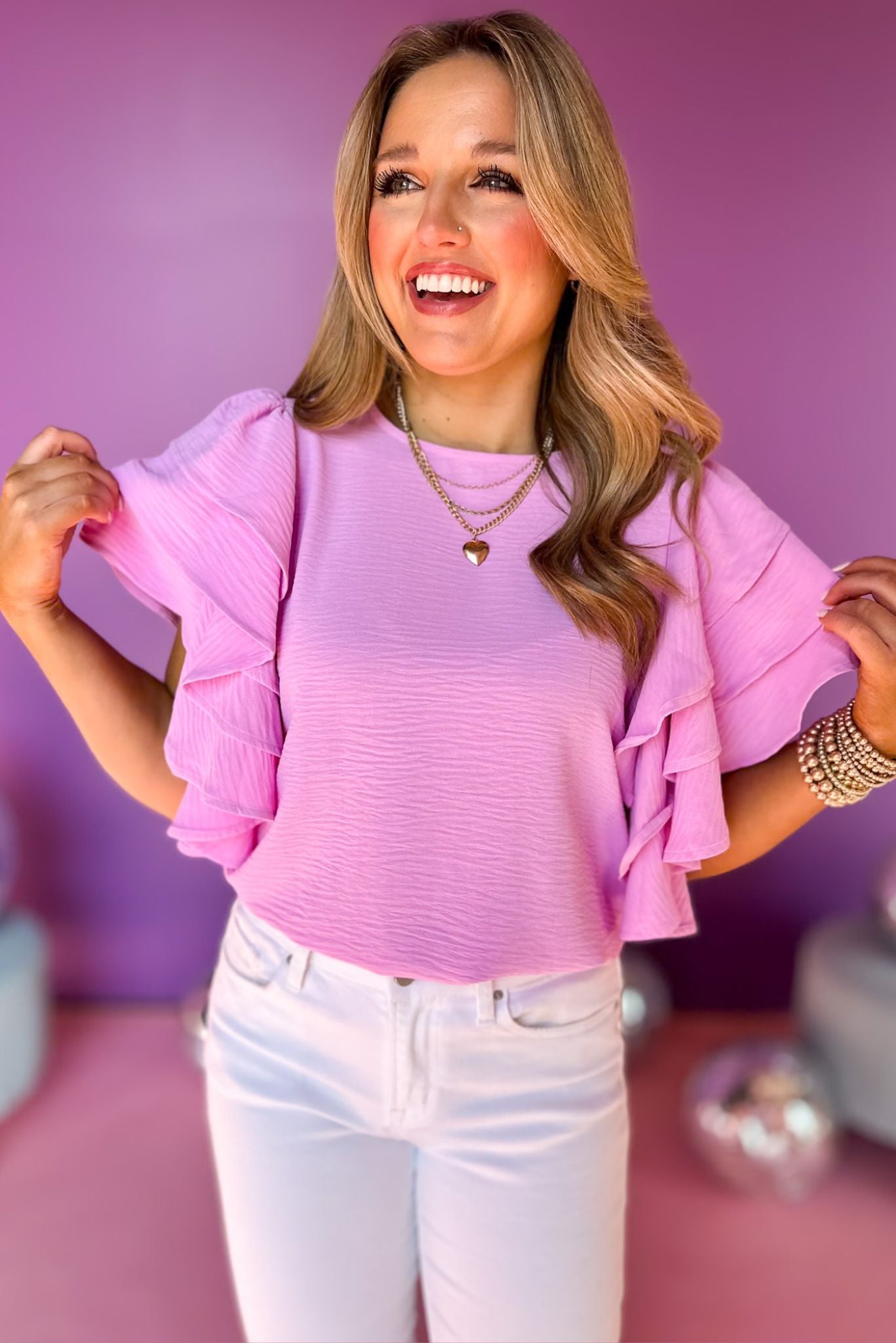 Pink Woven Multi-Tiered Ruffle Sleeve Top *FINAL SALE* *Final Sale*, saturday steal, must have top, must have style, brunch style, summer style, spring fashion, elevated style, elevated top, mom style, shop style your senses by mallory fitzsimmons, ssys by mallory fitzsimmons