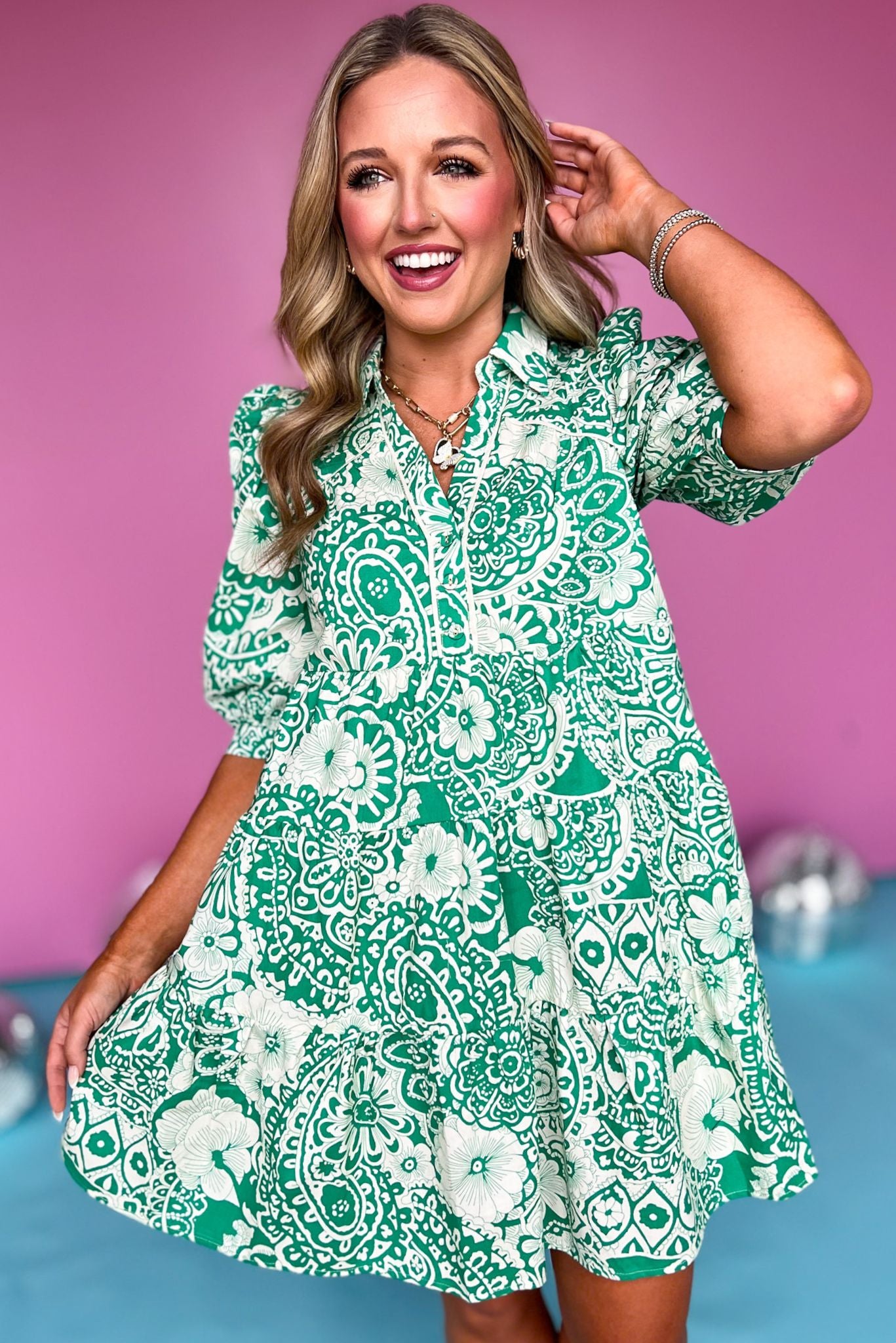 Green Paisley Printed Two Tone Split Neck Collared Three Quarter Sleeve Dress, paisley dress, green dress, must have dress, must have style, weekend style, brunch style, spring fashion, elevated style, elevated style, mom style, shop style your senses by mallory fitzsimmons, ssys by mallory fitzsimmons  Edit alt text