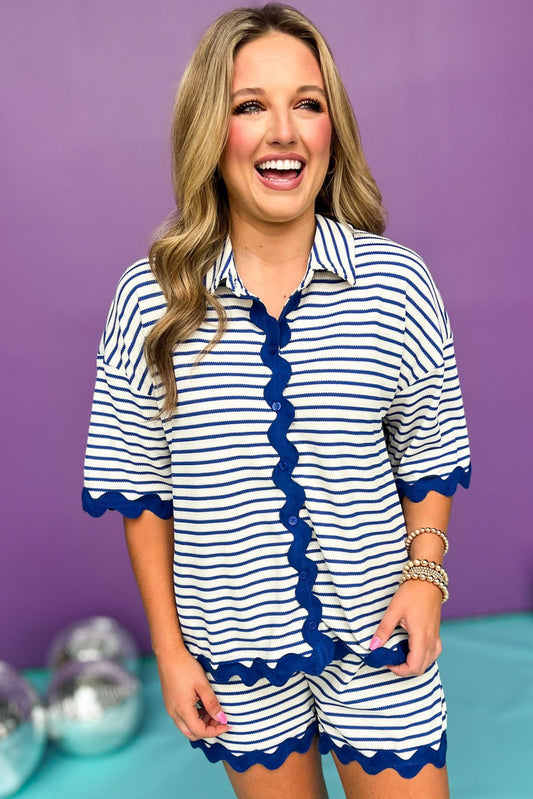 Royal Striped Collared Button Down Half Sleeve Ric Rac Detail Top, ric rac top, must have top, must have style, summer style, spring fashion, elevated style, elevated top, mom style, shop style your senses by mallory fitzsimmons, ssys by mallory fitzsimmons