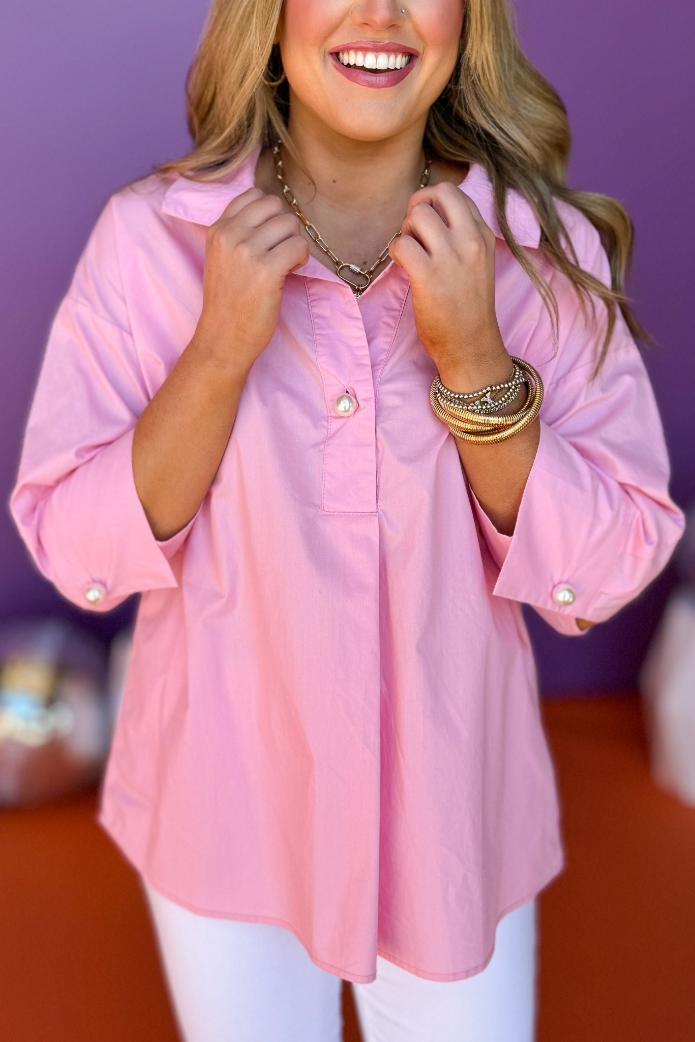 Pink Collared 3/4 Sleeve Pearl Button Closure Top, pearl button top, must have top, must have style, summer style, spring fashion, elevated style, elevated top, mom style, shop style your senses by mallory fitzsimmons, ssys by mallory fitzsimmons  Edit alt text