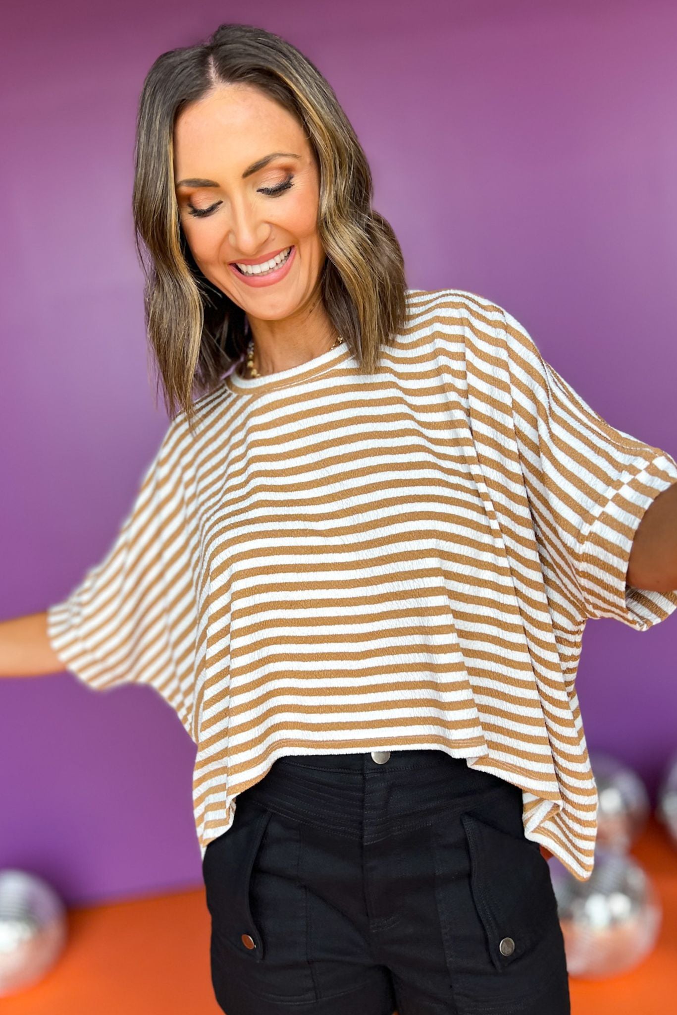 Brown Striped Draped Sleeve Asymmetric Hem Top, top, draped sleeve top, asymmetric hem top, brown striped top, brown and white striped top, must have top, elevated top, elevated style, summer top, summer style, Shop Style Your Senses by Mallory Fitzsimmons, SSYS by Mallory Fitzsimmons