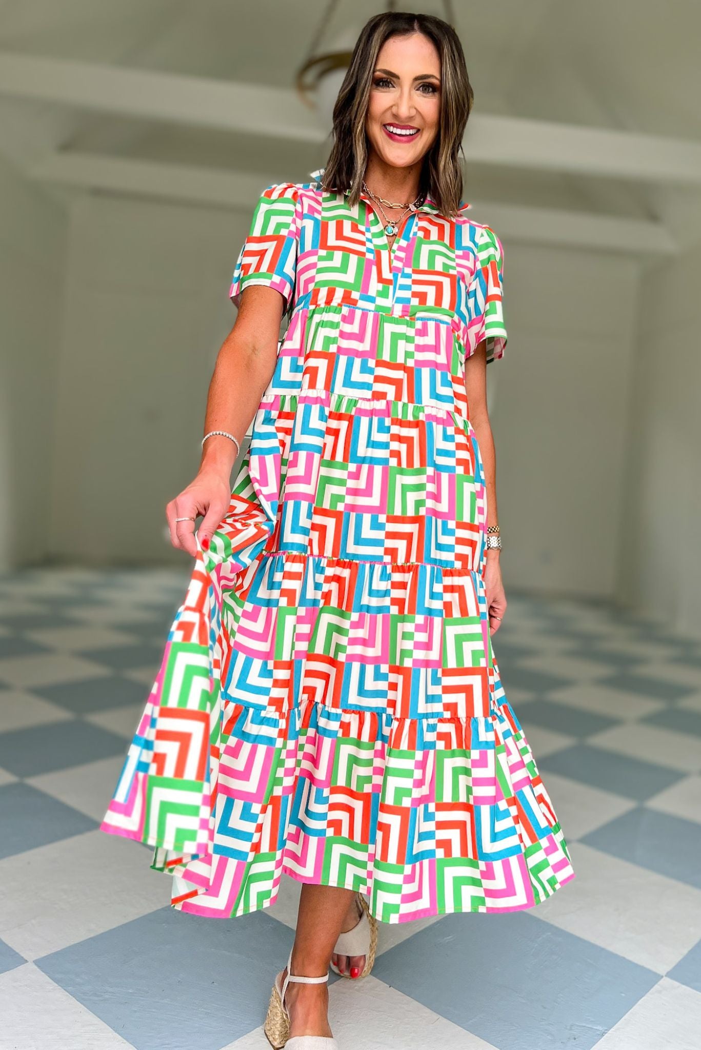 SSYS The Short Sleeve Emery Midi Dress In Colorblock Geometric, ssys the label, ssys dress, printed dress, must have dress, must have style, weekend style, brunch style, spring fashion, elevated style, elevated style, mom style, shop style your senses by mallory fitzsimmons, ssys by mallory fitzsimmons