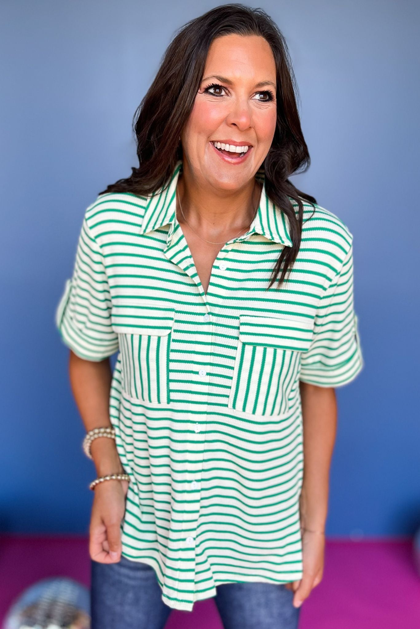 Green Striped Collared Button Up Front Pocket Top, top, collared top, button up top, front pocket top, green striped top, green striped collared top, green striped button up top, green striped front pocket top, must have top, elevated top, elevated style, summer top, summer style, Sailing Through Summer, Shop Style Your Senses by Mallory Fitzsimmons, SSYS by Mallory Fitzsimmons