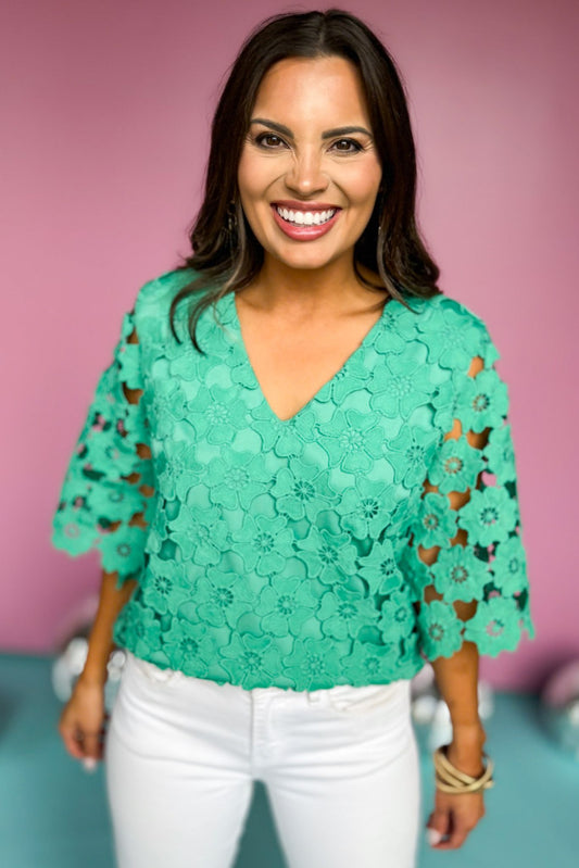Green V Neck Scalloped Floral Lace 1/2 Sleeve Top, lace top, green top, must have top, must have style, summer style, spring fashion, elevated style, elevated top, mom style, shop style your senses by mallory fitzsimmons, ssys by mallory fitzsimmons