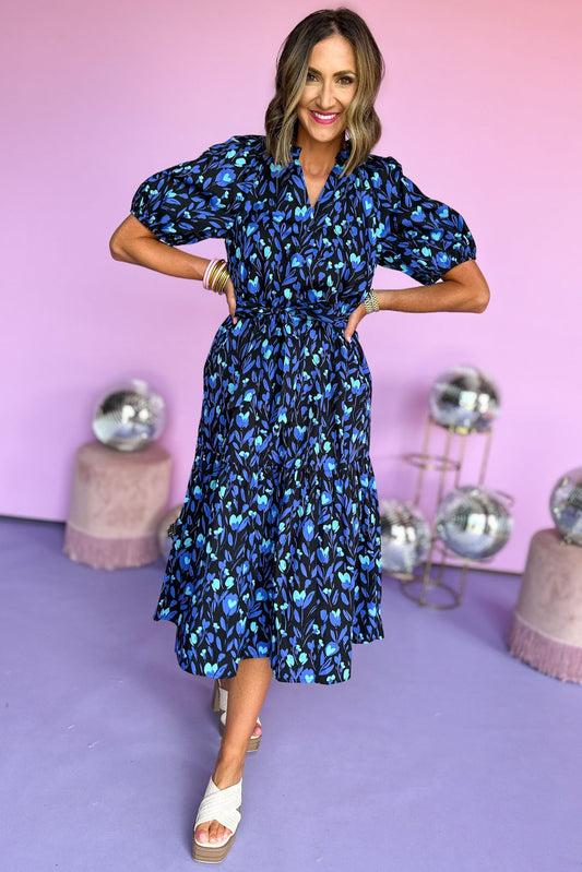 Black Blue Floral Printed Frill Neck Tie Waist Short Sleeve Midi Dress, midi dress, elevated style, shop style your senses by mallory fitzsimmons