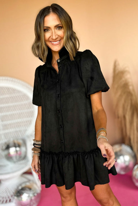 Black Faux Suede Button Down Puff Sleeve Dress, elevated dress, elevated style, must have dress, must have style, fall dress, fall fashion, family photos dress, mom style, shop style your senses by mallory fitzsimmons