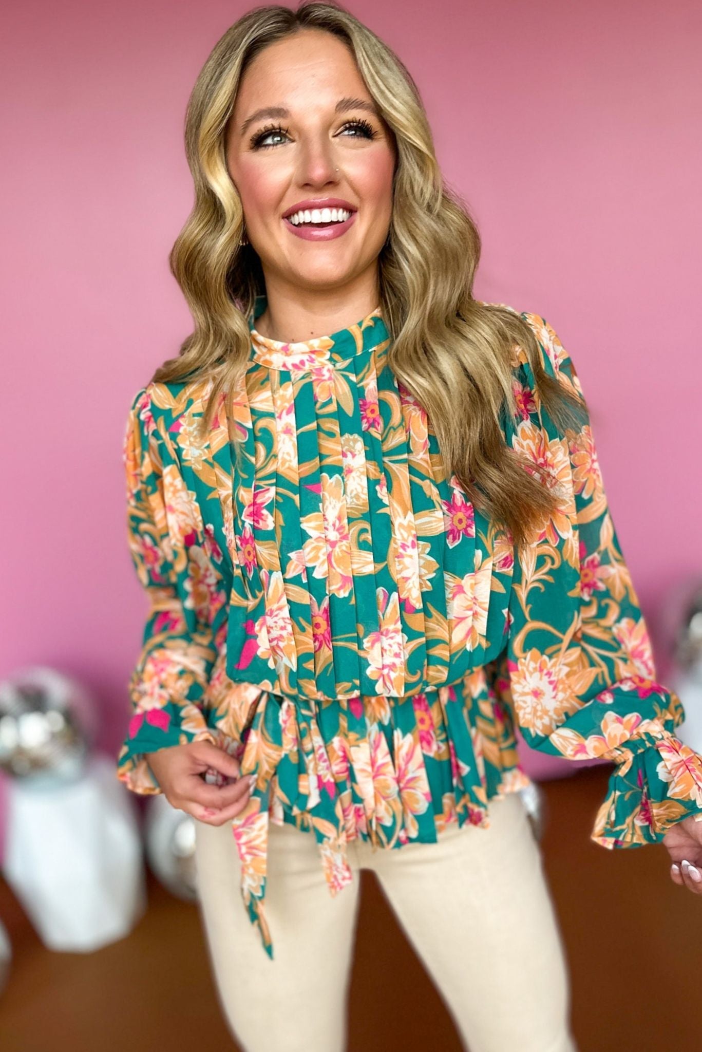 Teal Green Floral Printed High Neck Pleated Tie Waist Top, must have top, must have style, must have fall, fall collection, fall fashion, elevated style, elevated top, mom style, fall style, shop style your senses by mallory fitzsimmons