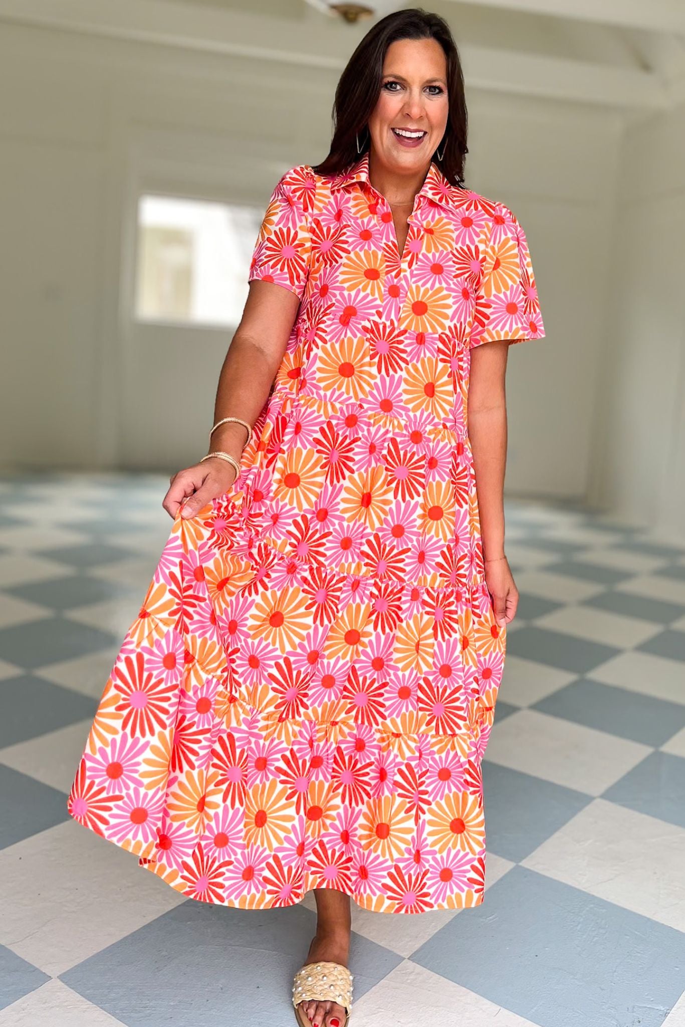  SSYS The Short Sleeve Emery Midi Dress In Pink Orange Daisy, ssys the label, ssys dress, floral dress, must have dress, must have style, weekend style, brunch style, spring fashion, elevated style, elevated style, mom style, shop style your senses by mallory fitzsimmons, ssys by mallory fitzsimmons