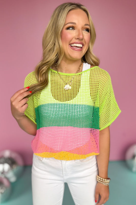  Neon Lime Multi Stripe Crochet Round Neck Short Sleeve Top, crochet top, must have top, must have style, summer style, summer fashion, elevated style, elevated top, mom style, shop style your senses by mallory fitzsimmons, ssys by mallory fitzsimmons
