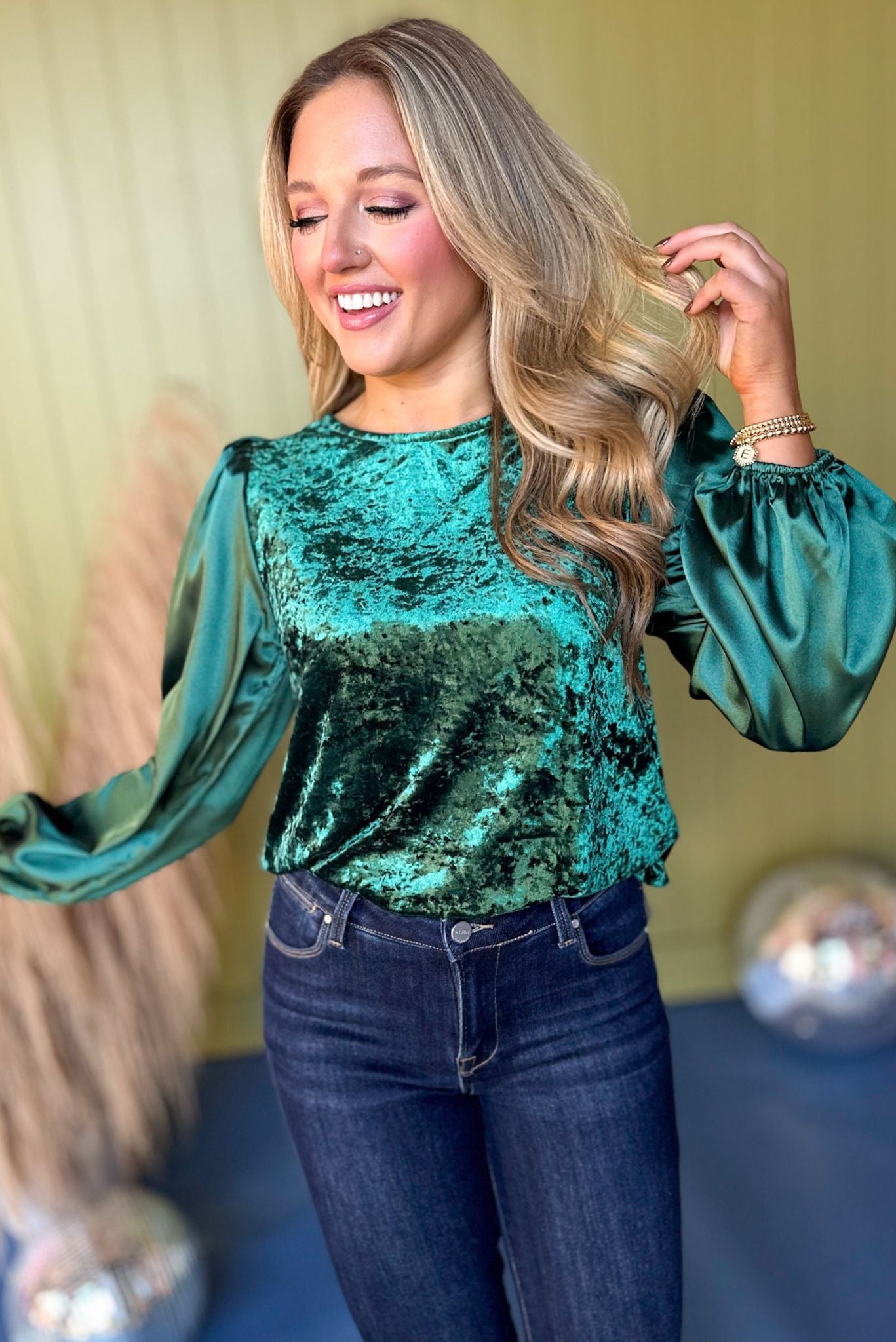 Emerald Green Mixed Material Peasant Long Sleeve Top *FINAL SALE* *Final Sale*, must have top, must have style, must have velvet, fall collection, fall fashion, elevated style, elevated top, mom style, fall style, shop style your senses by mallory fitzsimmons