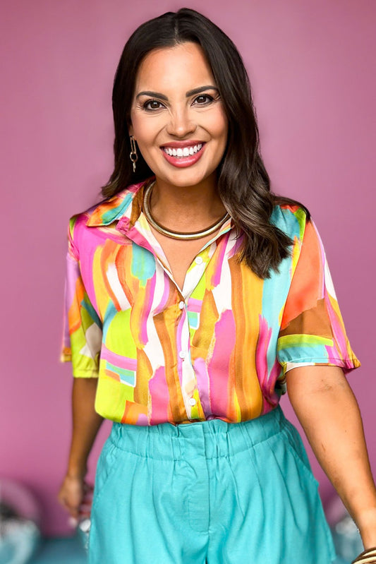  Magenta Multi Abstract Collared Button Down Top, printed top, multi color top, must have top, must have style, summer style, spring fashion, elevated style, elevated top, mom style, shop style your senses by mallory fitzsimmons, ssys by mallory fitzsimmons