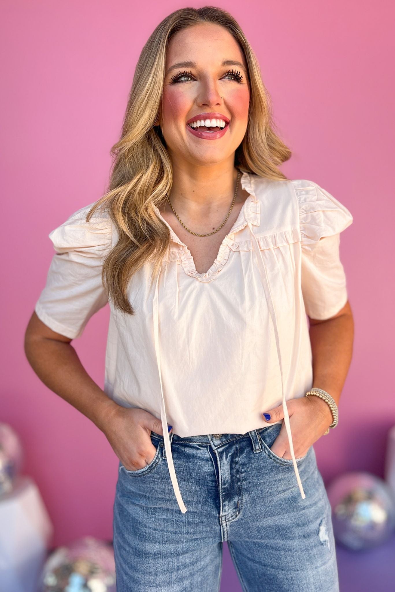 Cream Ruffle Puff Short Sleeve Tie Neck Top, must have top, must have style, brunch style, summer style, spring fashion, elevated style, elevated top, mom style, shop style your senses by mallory fitzsimmons, ssys by mallory fitzsimmons