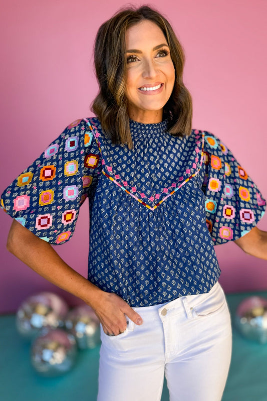 THML Blue Embroidered Multi Print Mock Neck Short Sleeve Top, puff sleeve top, must have top, must have style, brunch style, summer style, spring fashion, elevated style, elevated top, mom style, shop style your senses by mallory fitzsimmons, ssys by mallory fitzsimmons