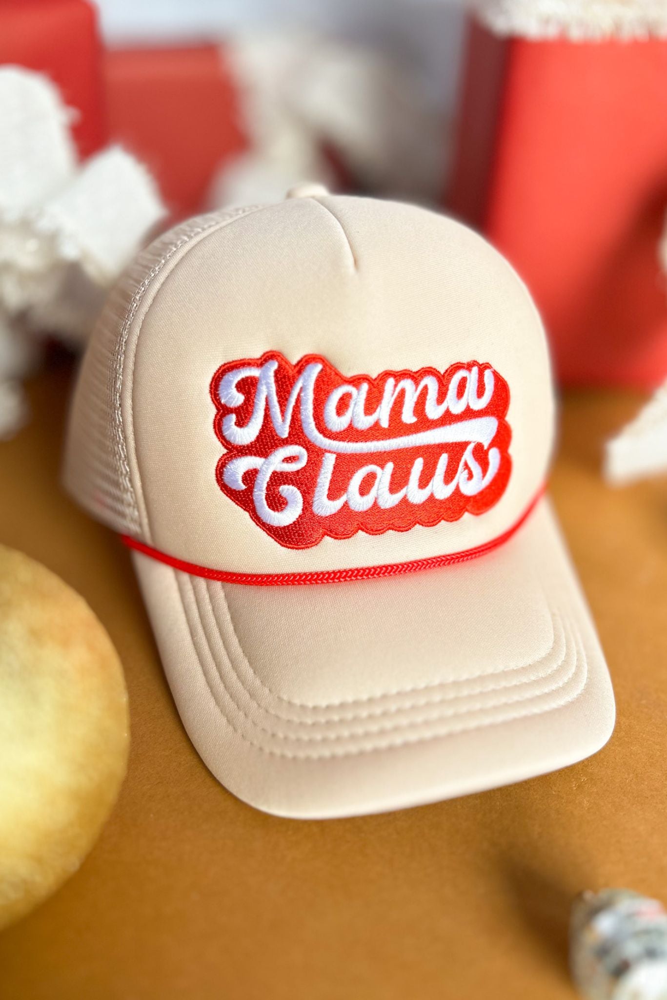 SSYS Taupe Mama Claus Trucker Hat, accessory, hat , must have setyle, must have hat, holiday hat, mom style, shop style your senses by mallory fitzsimmons