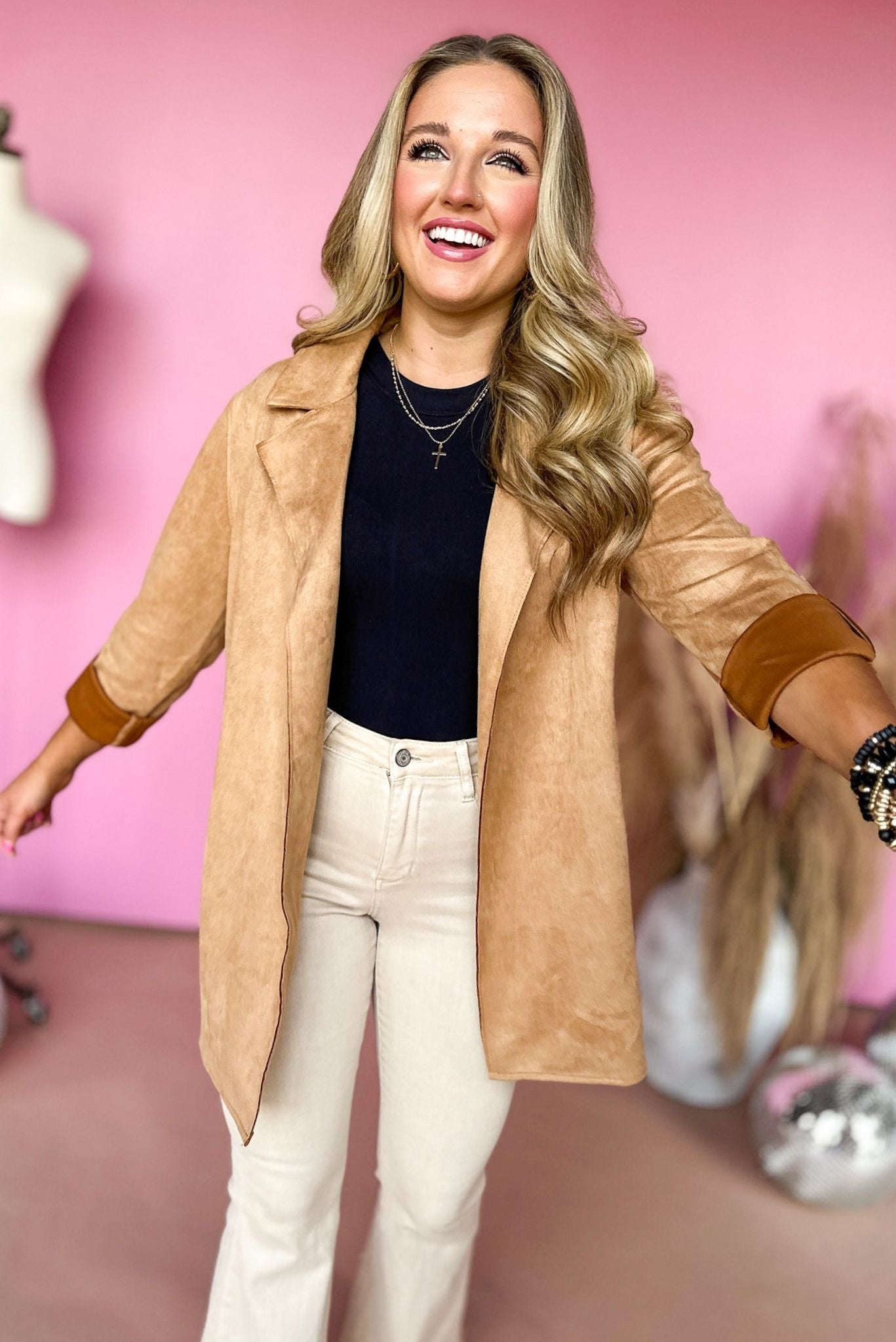 Camel Faux Suede Lapel Detail Jacket, elevated style, elevated jacket, faux suede jacket, must have style, must have fall, fall style, fall jacket, shop style your senses by mallory fitzsimmons