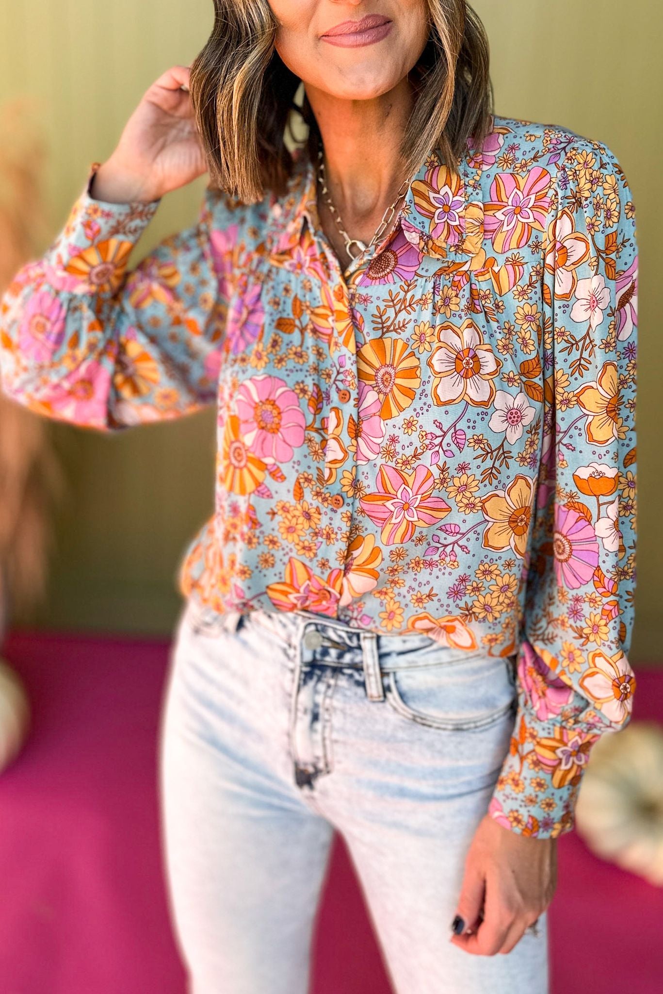 Karlie Turquoise Vintage Floral Printed Ruffle Collar Button Front Top, must have top, must have style, must have fall, fall collection, fall fashion, elevated style, elevated top, mom style, fall style, shop style your senses by mallory fitzsimmons