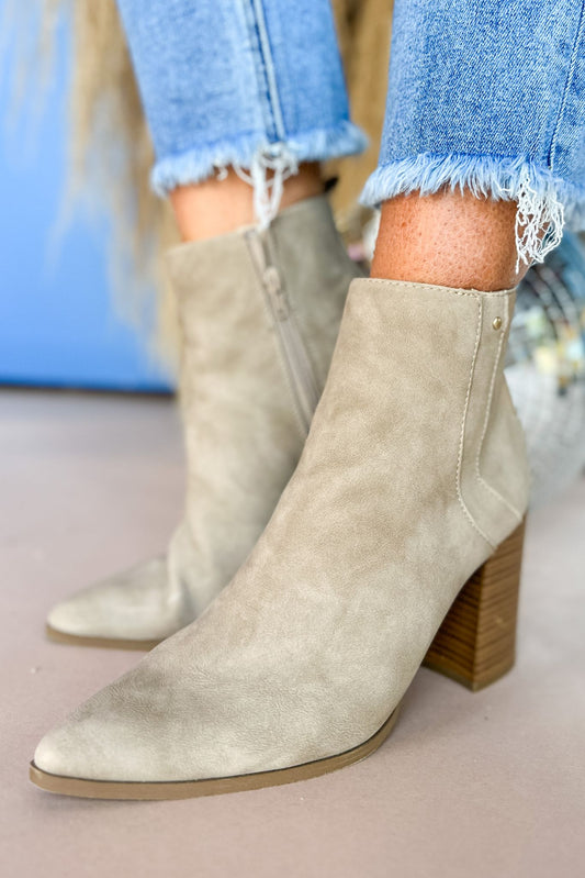 Taupe Pull On Pointed Toe Block Heel Bootie *FINAL SALE*