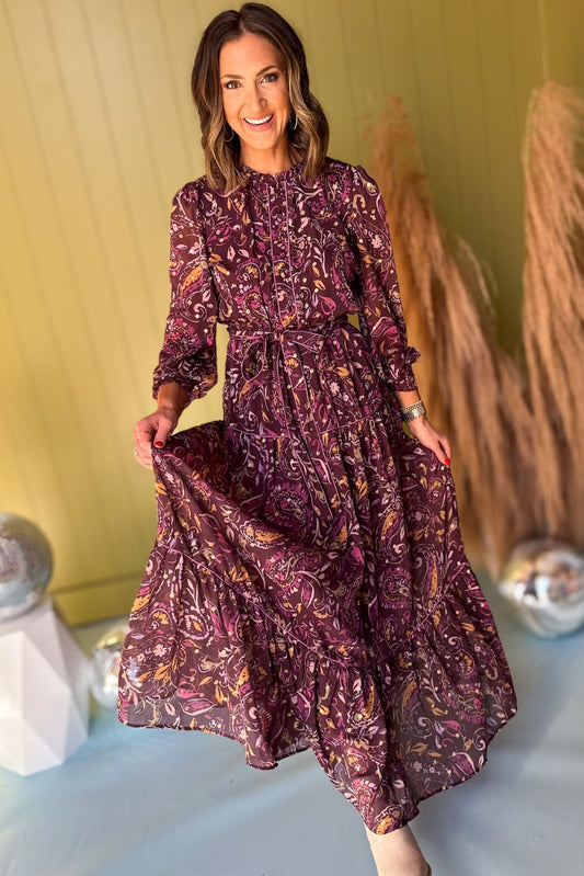 Purple Paisley Printed Tie Waist Piping Detail Maxi Dress, must have dress, must have style, winter style, winter fashion, elevated style, elevated dress, mom style, winter collection, winter dress, shop style your senses by mallory fitzsimmons