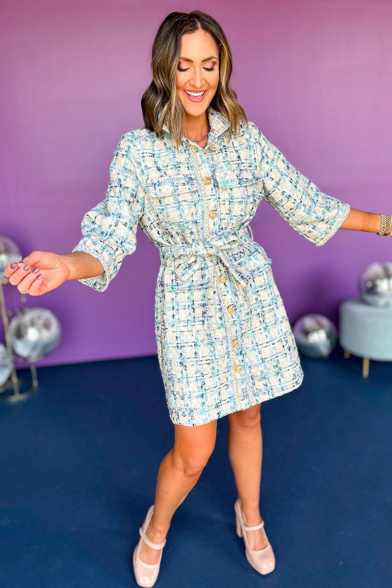 Blue Tweed Button Front Tie Waist Collared Dress, elevated look, elevated dress, must have dress, must have look, tweed dress, preppy look, fall style, fall dress, mom style, church dress, church style, shop style your senses by mallory fitzsimmons