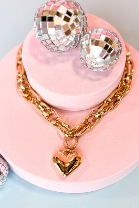 Gold Plated 18" Adjustable Heart Pendant Chainlink Necklace, accessory, necklace, statement accessory, statement necklace, gold accessory, gold necklace, adjustable necklace, gold adjustable necklace, heart pendant necklace, gold heart pendant necklace, chainlink necklace, gold chainlink necklace, must have accessory, must have necklace, elevated accessory, elevated necklace, elevated style, Shop Style Your Senses by Mallory Fitzsimmons, SSYS by Mallory Fitzsimmons
