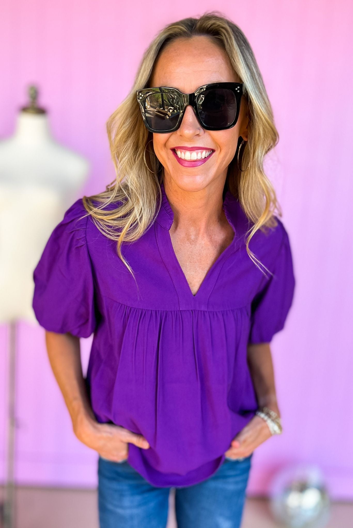 THML Purple V Neck Frill Collar Puff Sleeve Top