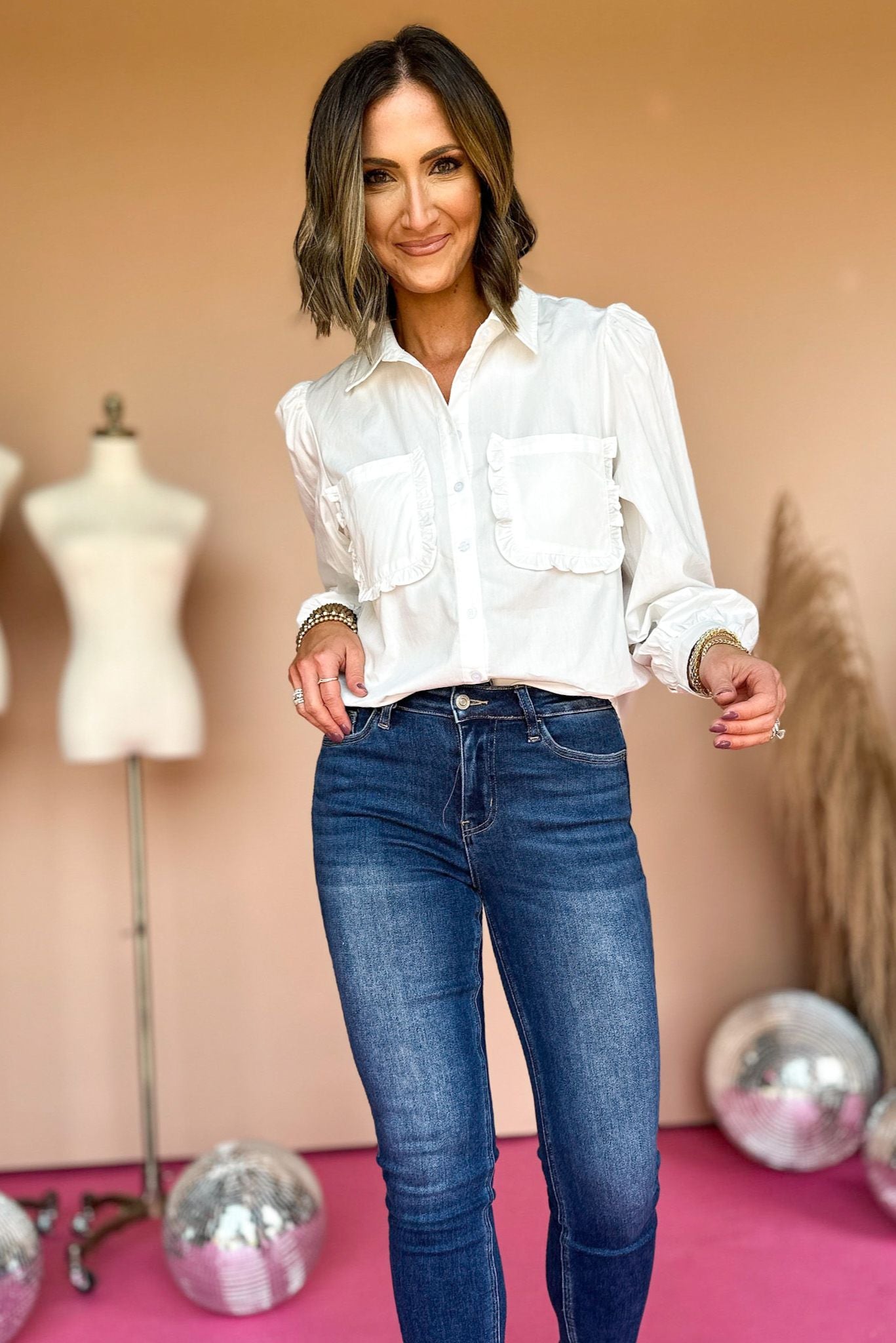 white frilled pocket button front top, fall staple, elevated basic, layering piece, work to weekend, easy to wear, shop style your senses by mallory fitzsimmons