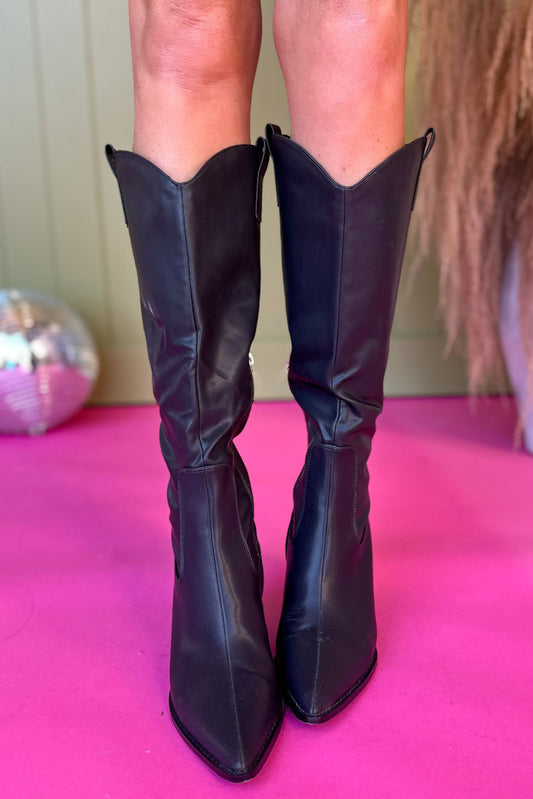  Black Tall Pull On Stacked Heel Boots, shoes, boots, must have boots, winter boots, elevated boots, shop style your senses by mallory fitzsimmons