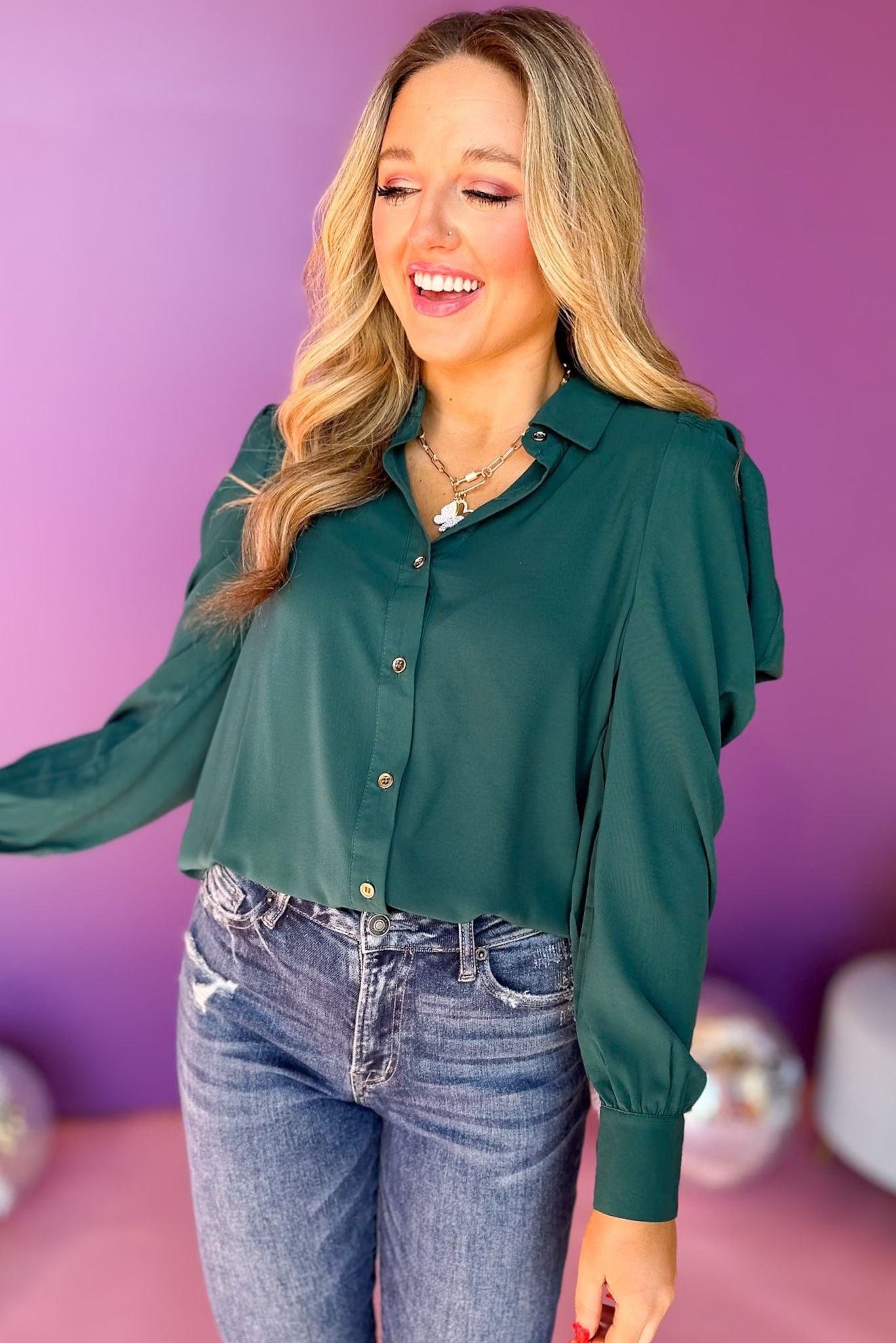 Hunter Green Button Front Gathered Detail Long Sleeve Top, must have top, must have style, office style, winter fashion, elevated style, elevated top, mom style, work top, shop style your senses by mallory fitzsimmons