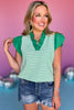 Green Striped V Ruffle Neck Contrast Detail Short Puff Sleeve Top