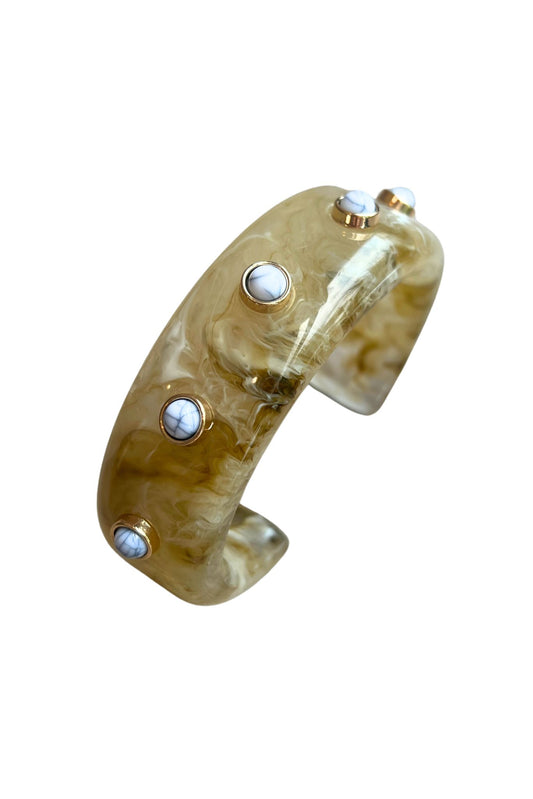 Ivory Round Stone Accent Resin Cuff Bracelet