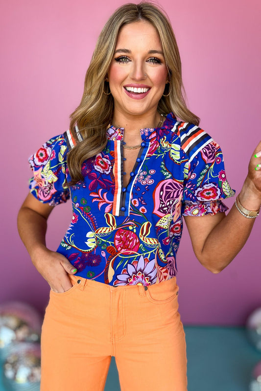  Royal Multi Print Frill Neck Elastic Short Sleeve Curved Hem Top, printed top, office top, must have top, must have style, summer style, spring fashion, elevated style, elevated top, mom style, shop style your senses by mallory fitzsimmons, ssys by mallory fitzsimmons