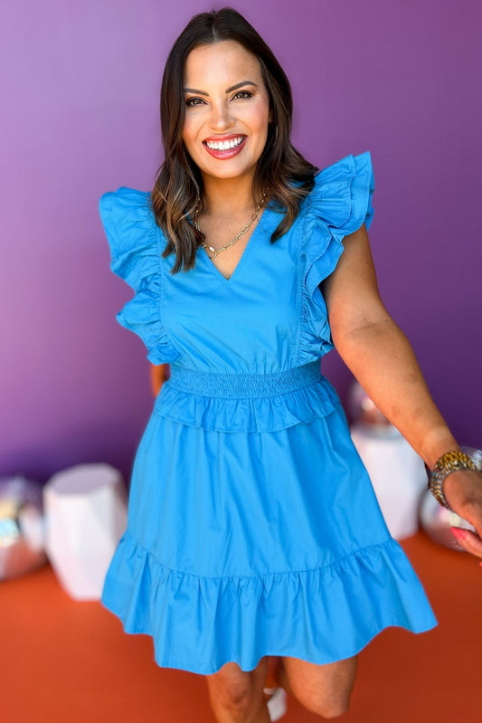 Aqua Blue V Neck Smocked Waist Tiered Ruffle Shoulder Dress, smocked dress, bright dress, must have dress, must have style, church style, brunch style, spring fashion, elevated style, elevated style, mom style, shop style your senses by mallory fitzsimmons, ssys by mallory fitzsimmons