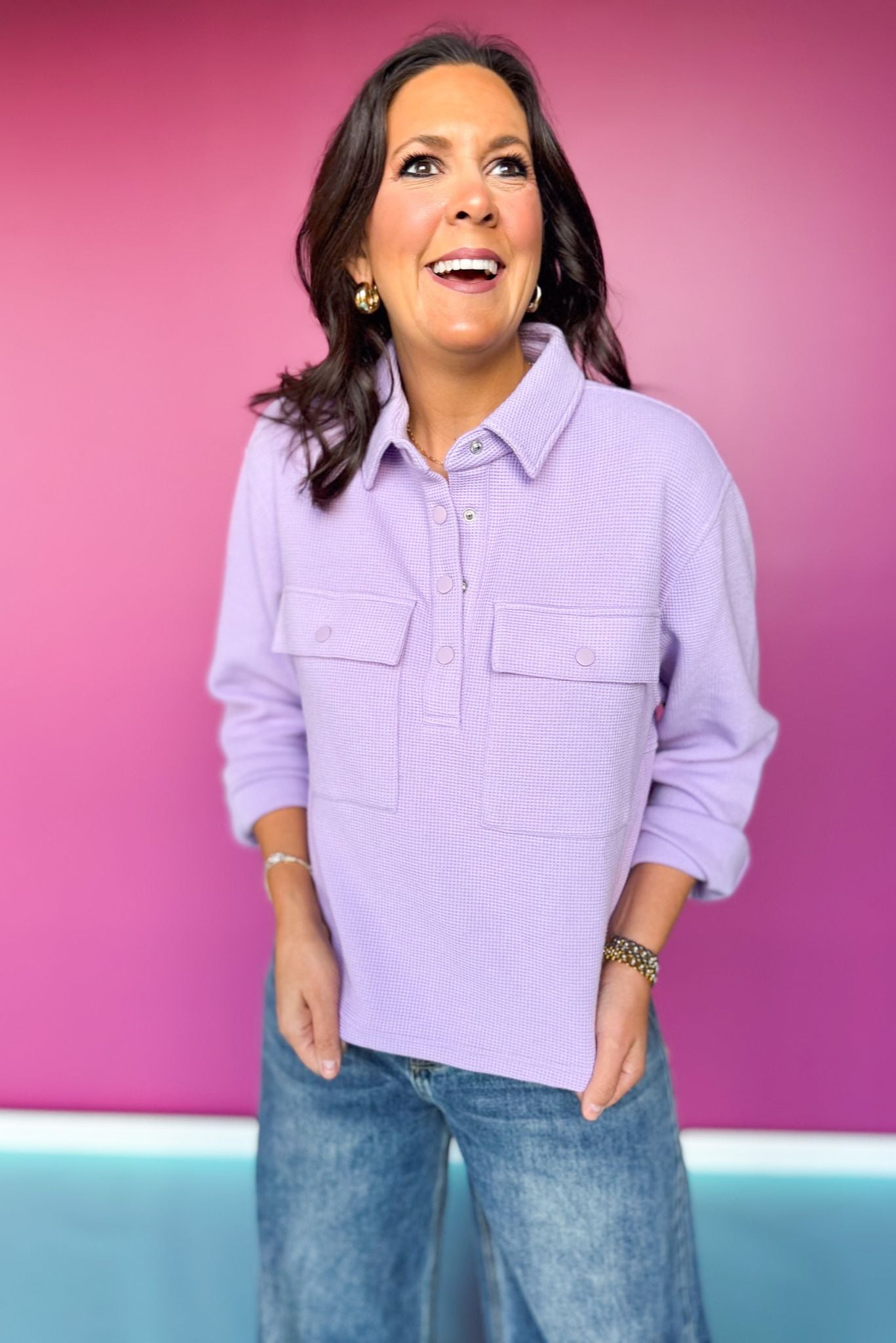 SSYS Fawn Waffle Knit Cropped Shacket Top In Lavender