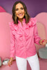 Karlie Pink Solid Frill Neck Button Down Ruffle Top