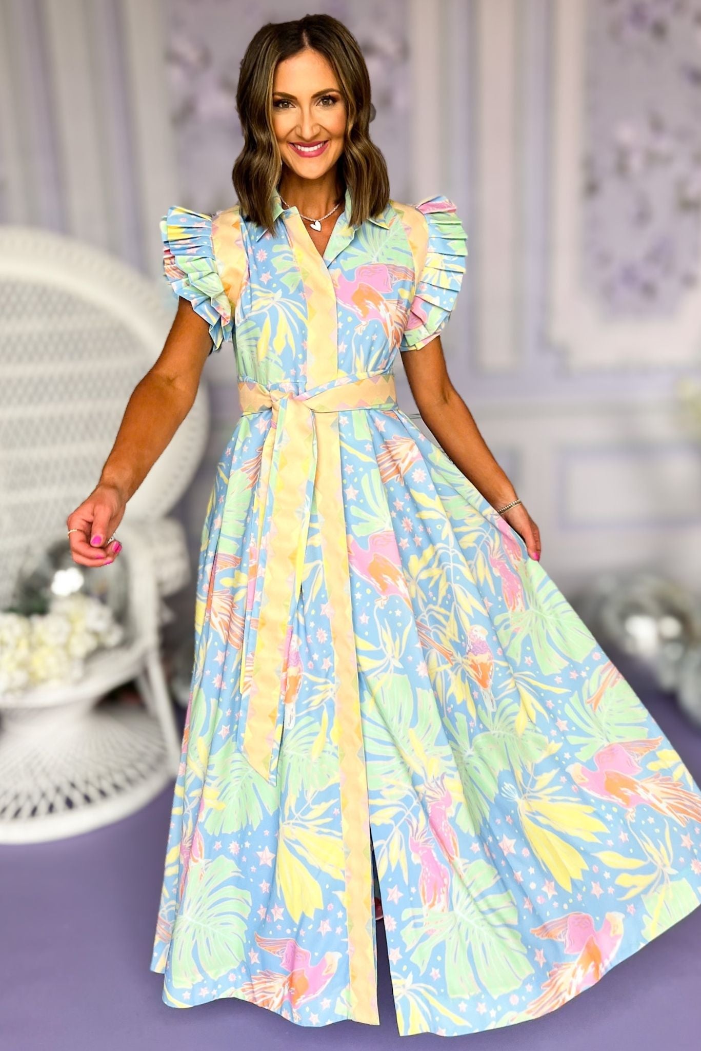 Emily McCarthy Blue Multi Print Classic Collar Pleated Ruffle Sleeve M SSYS Emily McCarthy Blue Multi Print Classic Collar Pleated Ruffle Sleeve M SSYS