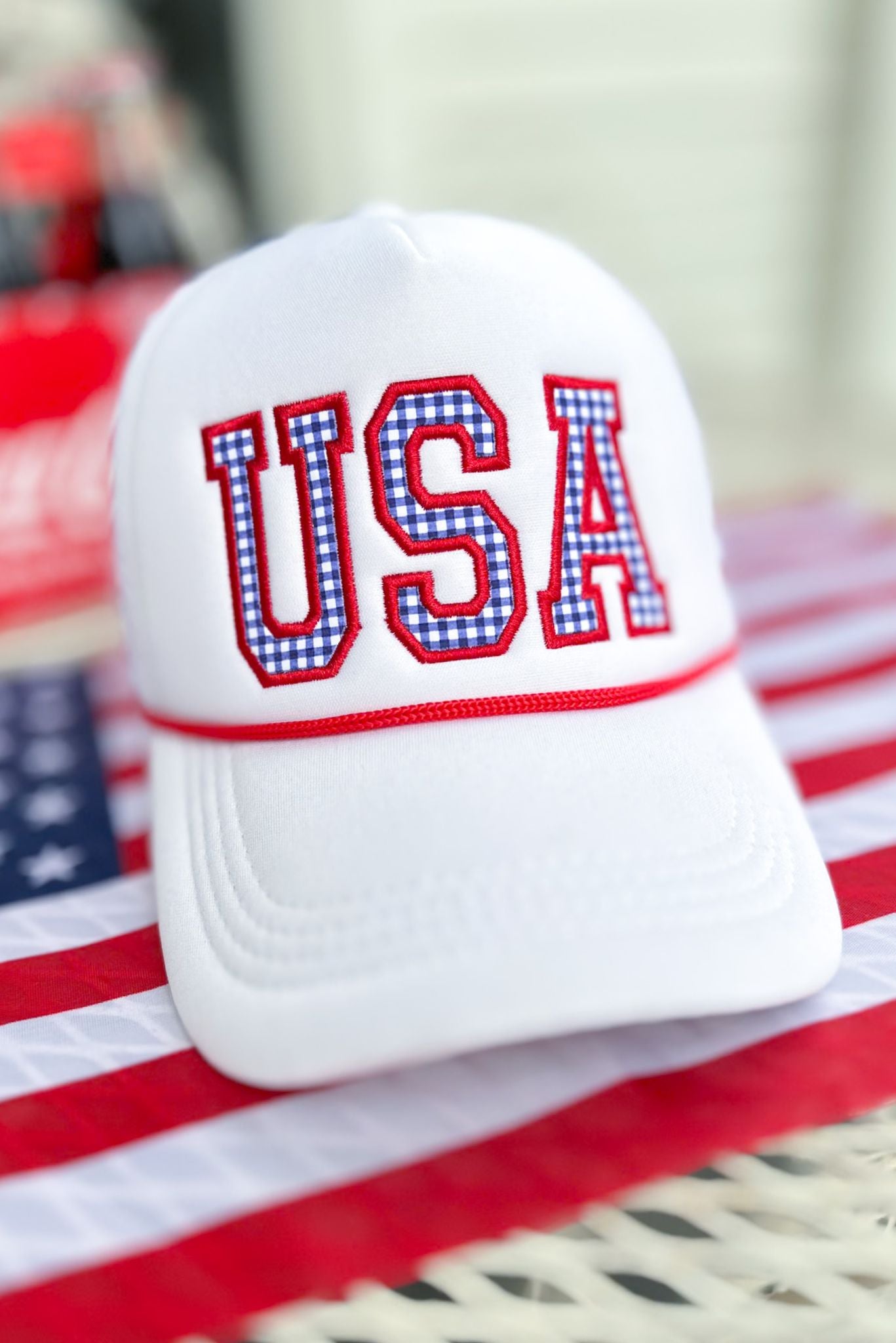  SSYS USA Gingham Patch Trucker Hat, accessory, trucker hat, must have trucker hat, ssys by mallory fitzsimmons