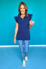 SSYS Navy Ruffle Shoulder Quarter Zip Collared Tunic