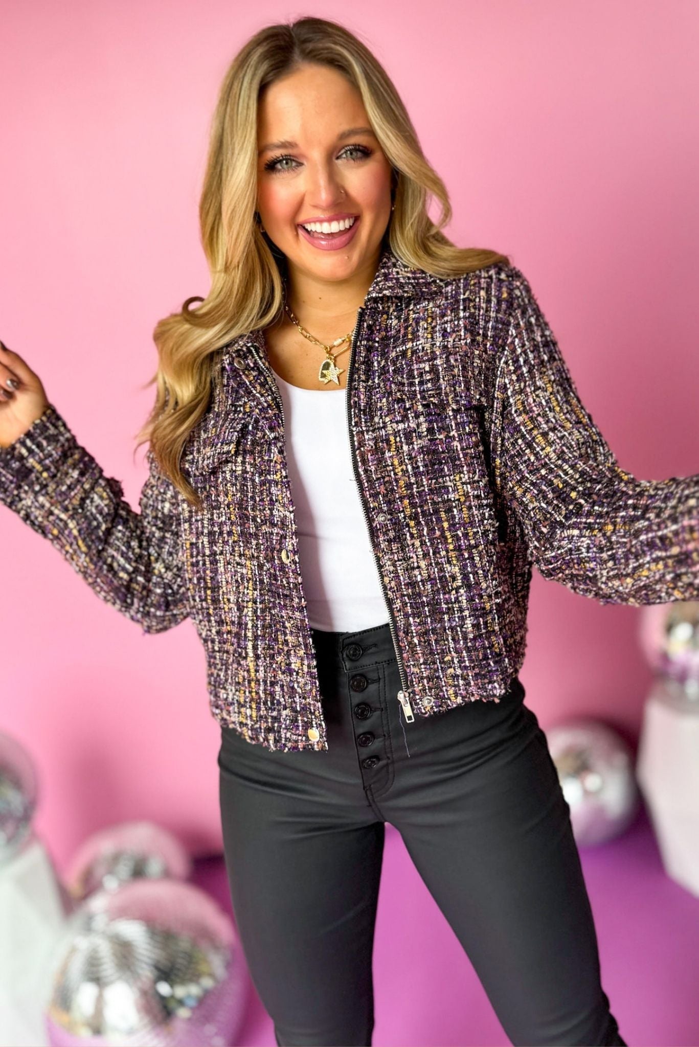 Purple Tweed Zip Front Jacket, must have jacket, must have design, fall fashion, fall jacket, elevated style, fall style, elevated jacket, mom style, shop style your senses by mallory fitzsimmons