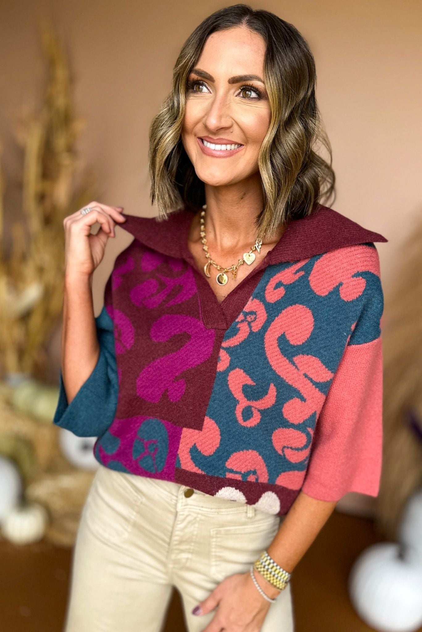 Magenta Colorblock Collared V Neck Three Quarter Sleeve Top, must have top, must have style, must have fall, fall collection, fall fashion, elevated style, elevated top, mom style, fall style, shop style your senses by mallory fitzsimmons