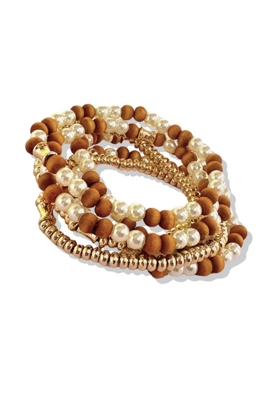 Brown Pearl Wood Ball Beaded Stretch Bracelet Stack